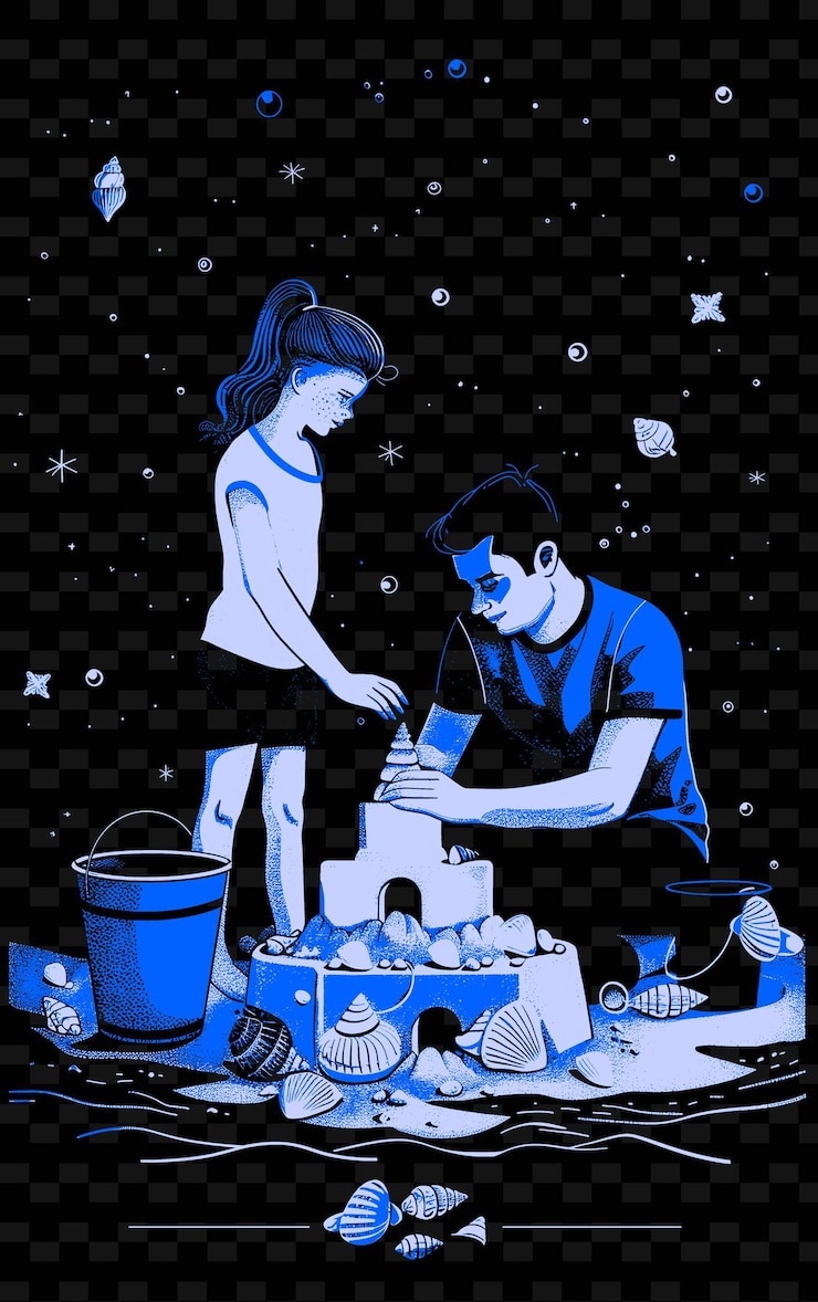 PSD father and daughter making a sandcastle on the beach with se png illustration art work designs