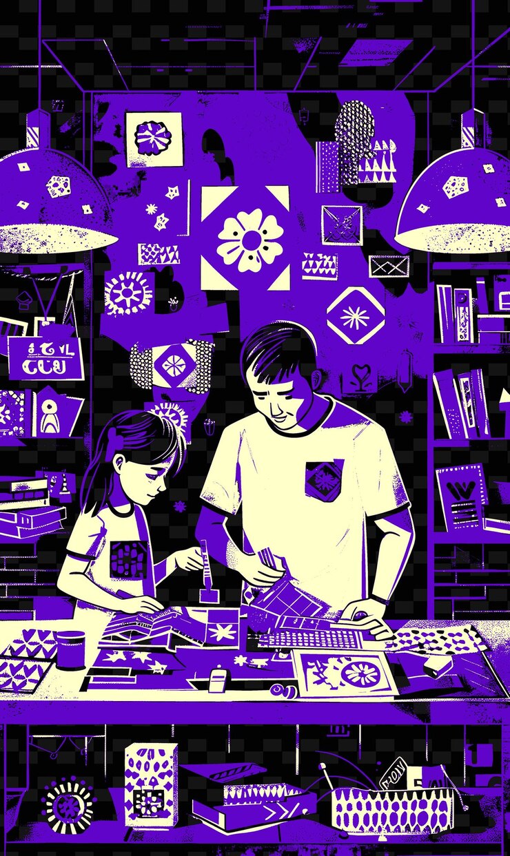 PSD father and daughter making a scrapbook in a room with a craf png illustration art work designs