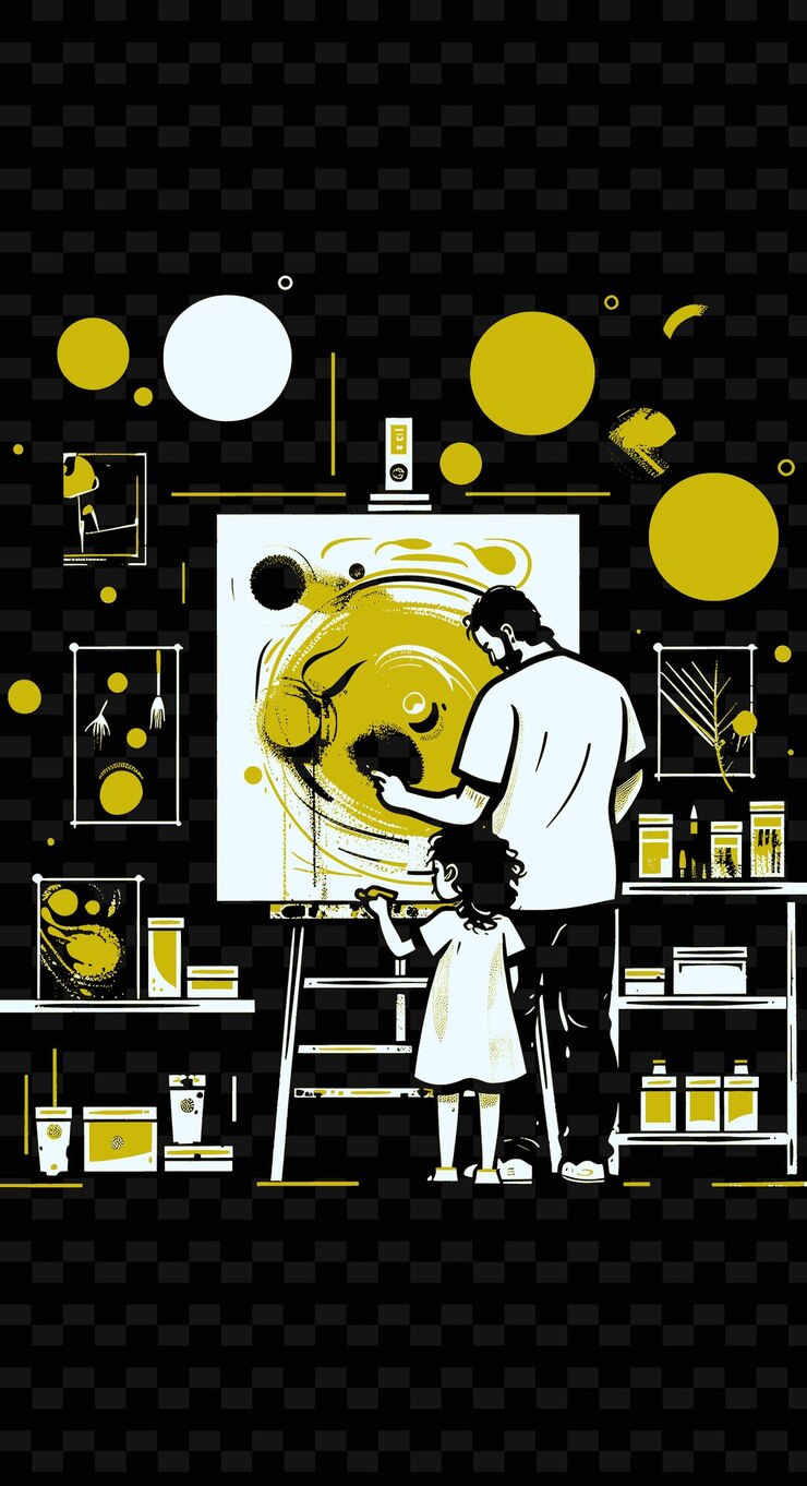 PSD father and daughter painting in an art studio with a creativ png illustration art work designs