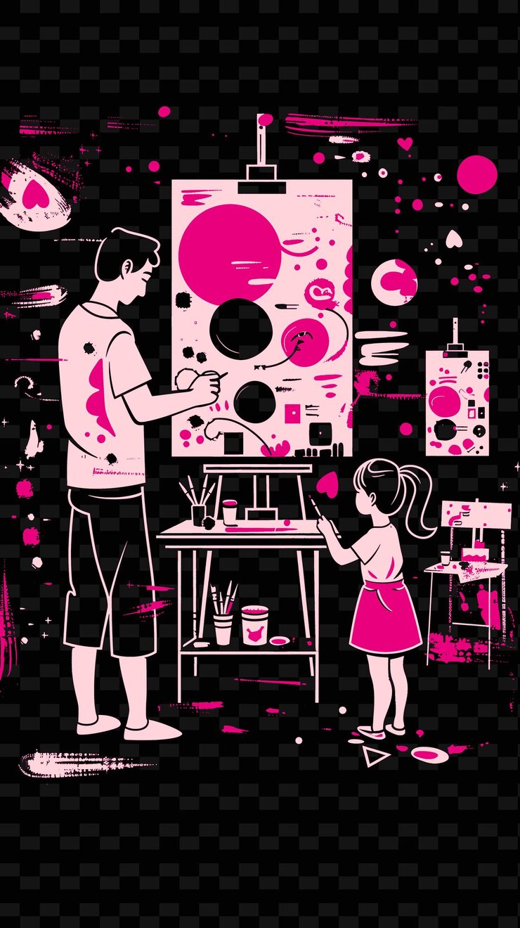 PSD father and daughter painting in an art studio with a creativ png illustration art work designs