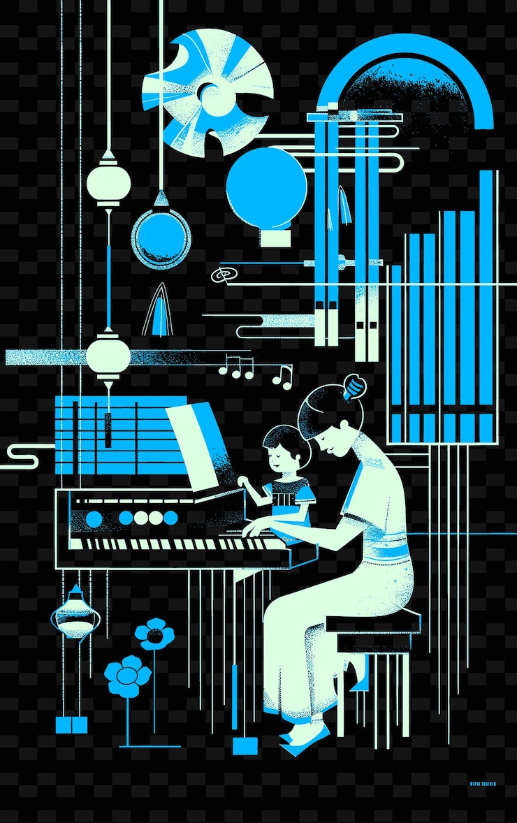 PSD father and daughter playing music together in a music room a png illustration art work designs
