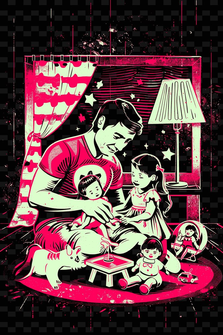 PSD 父亲和女儿在幼儿园里玩娃娃,用 n png 插图艺术作品设计
