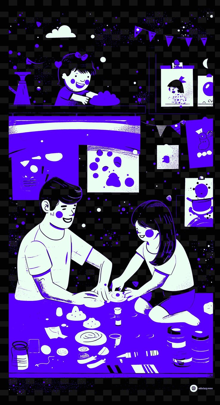 PSD father and daughter playing with playdough in a craft room w png illustration art work designs