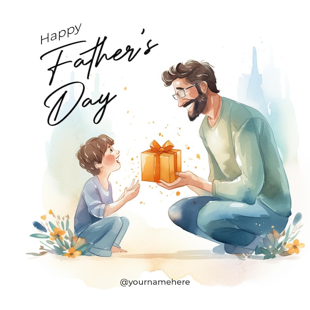 Father day social media post template with a child giving a gift to father