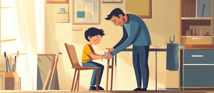 PSD father helping son with a craft project