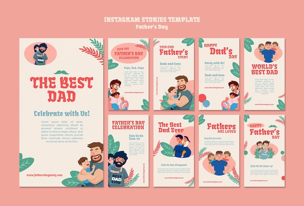Father's day instagram stories collection with cartoon father and child