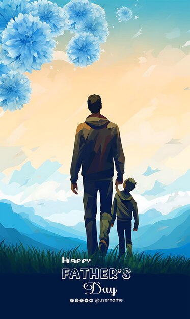 PSD a father and son are walking in the grass with a sky background