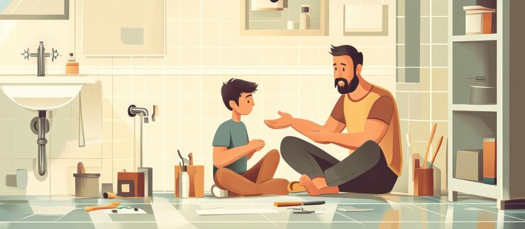 PSD father and son bonding in bathroom discussing and sharing ideas