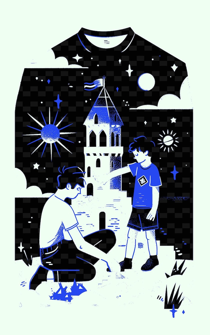 PSD father and son building a sandcastle at the beach with a sun png illustration art work designs