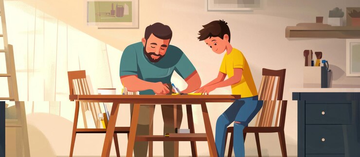 PSD father and son crafting together at home