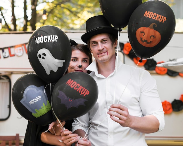 Father and son dressed for halloween mock-up