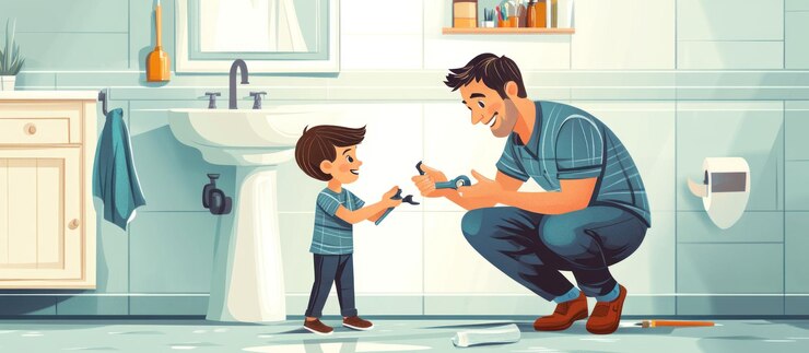 PSD father and son fixing a bathroom sink together