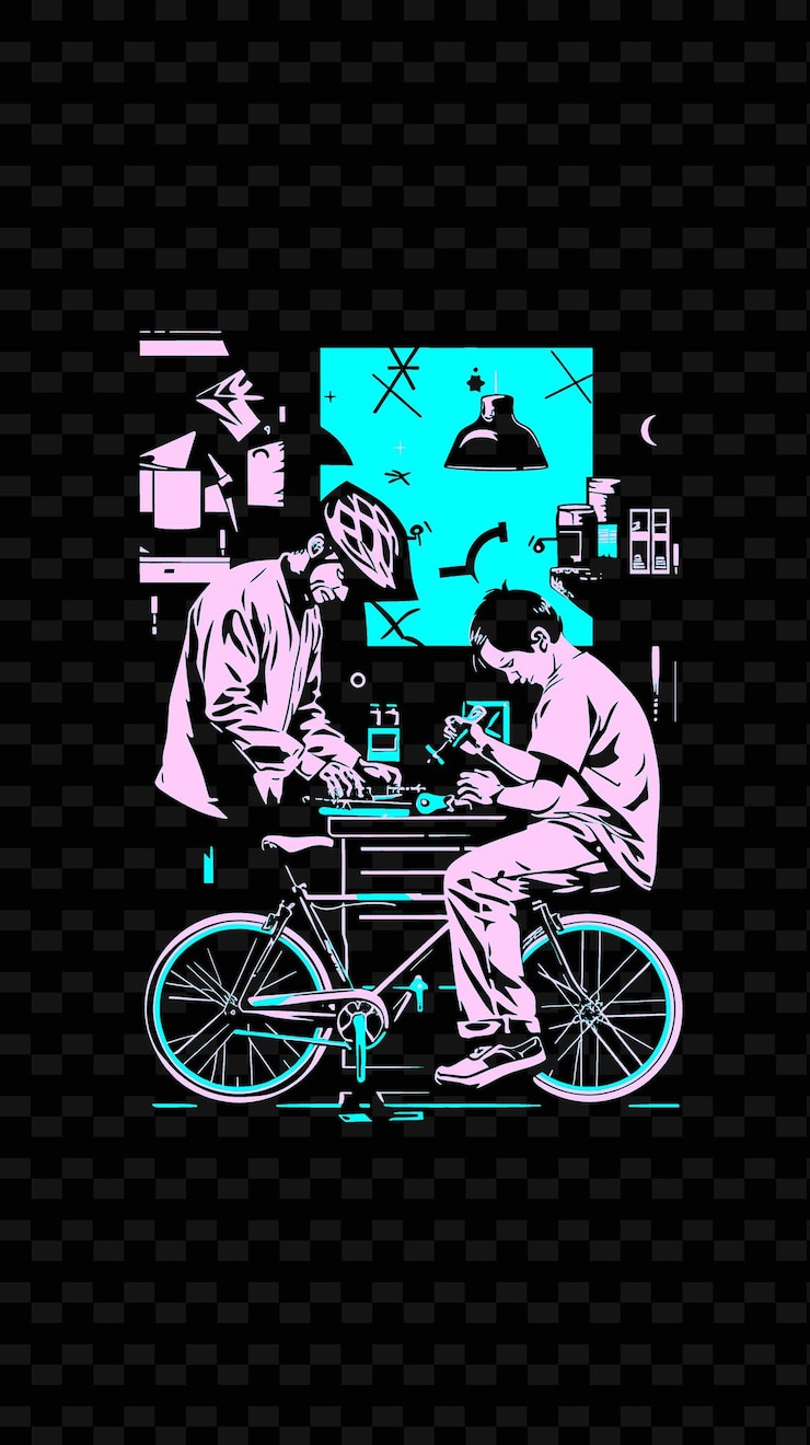PSD father and son fixing a bike together in a workshop industri png illustration art work designs