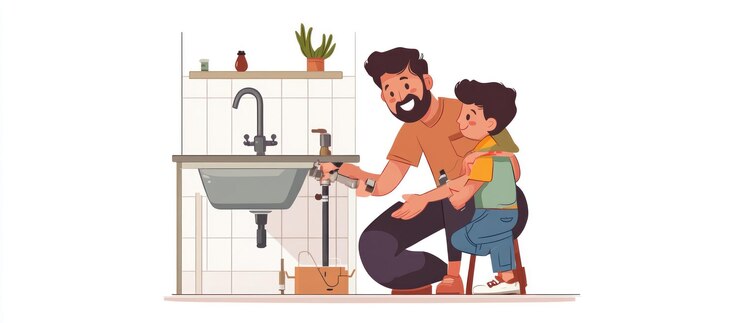 PSD father and son fixing sink plumbing together