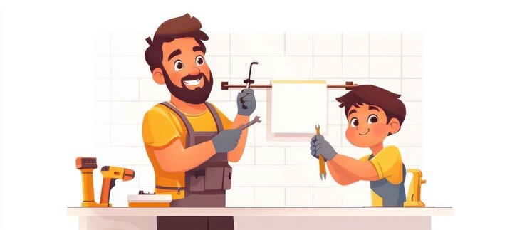 PSD father and son installing a towel rack