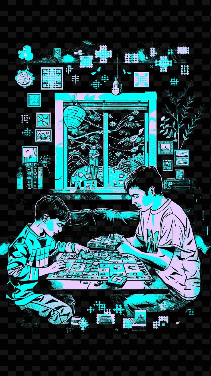 PSD father and son playing board games in a living room with a c png illustration art work designs