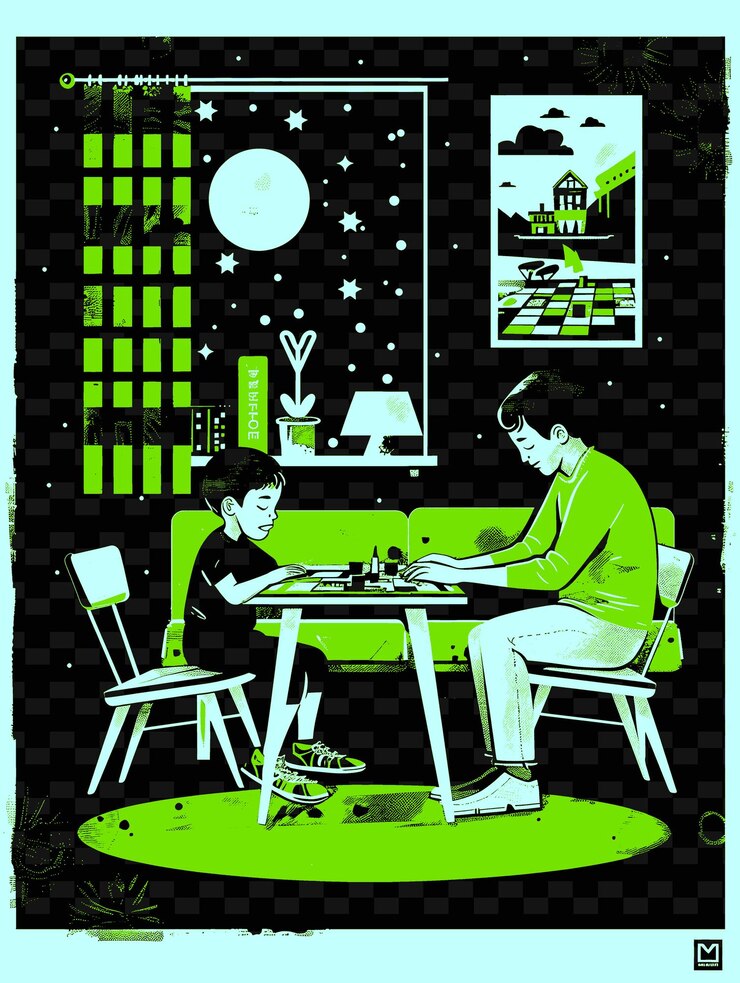 PSD father and son playing board games together in a living room png illustration art work designs