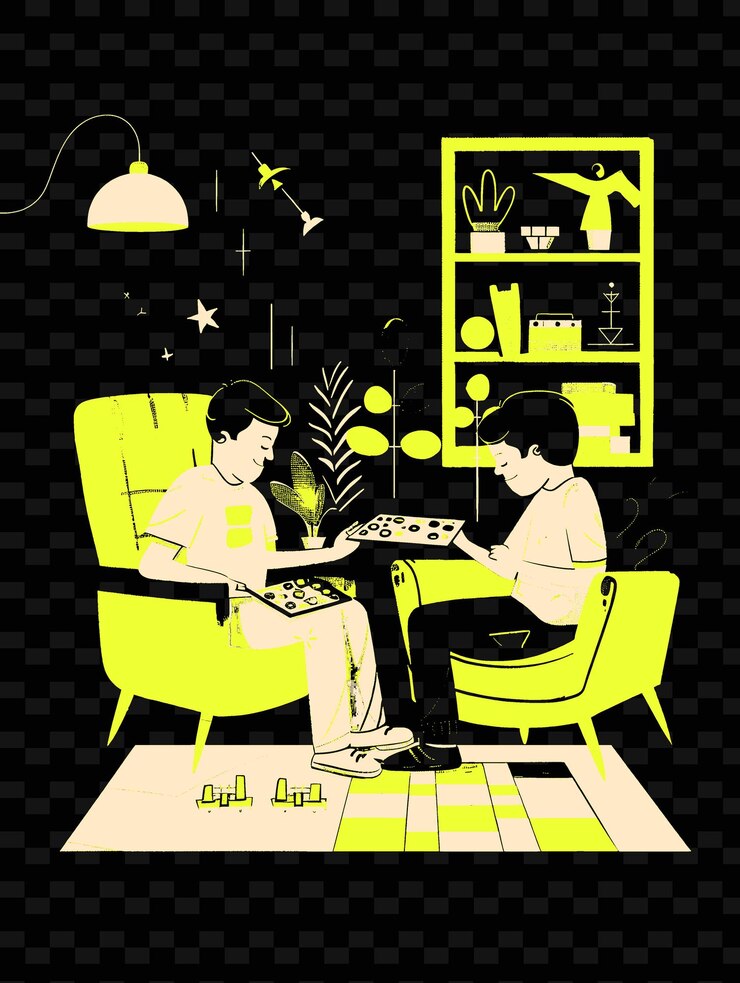 PSD father and son playing board games together in a living room png illustration art work designs