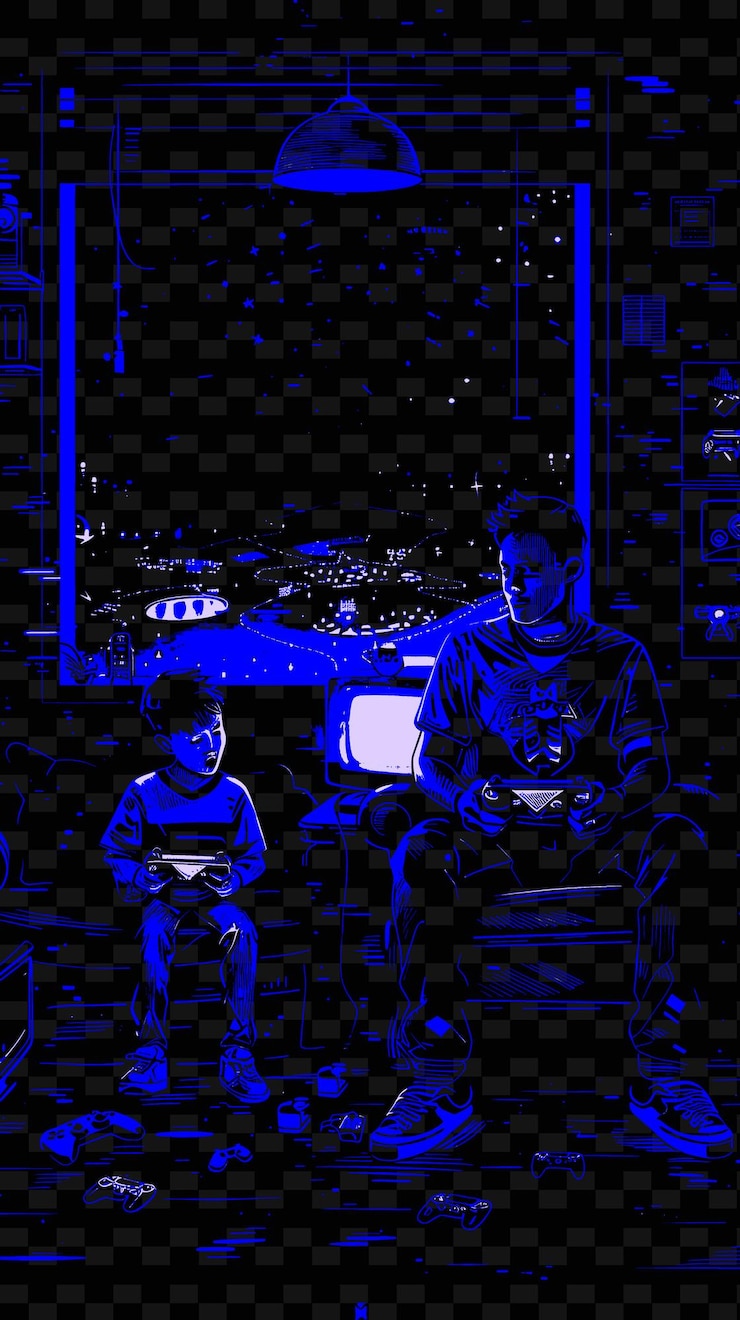 PSD father and son playing video games in a cozy room with a fut png illustration art work designs