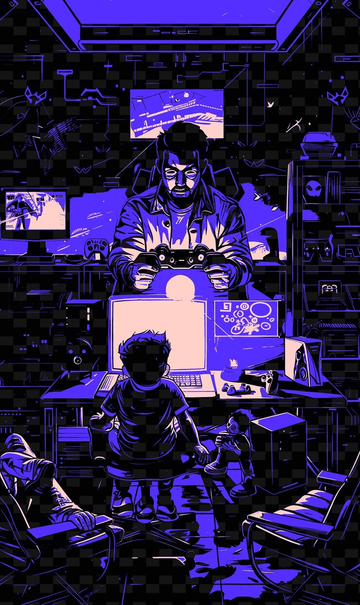 PSD father and son playing video games in a cozy room with a fut png illustration art work designs