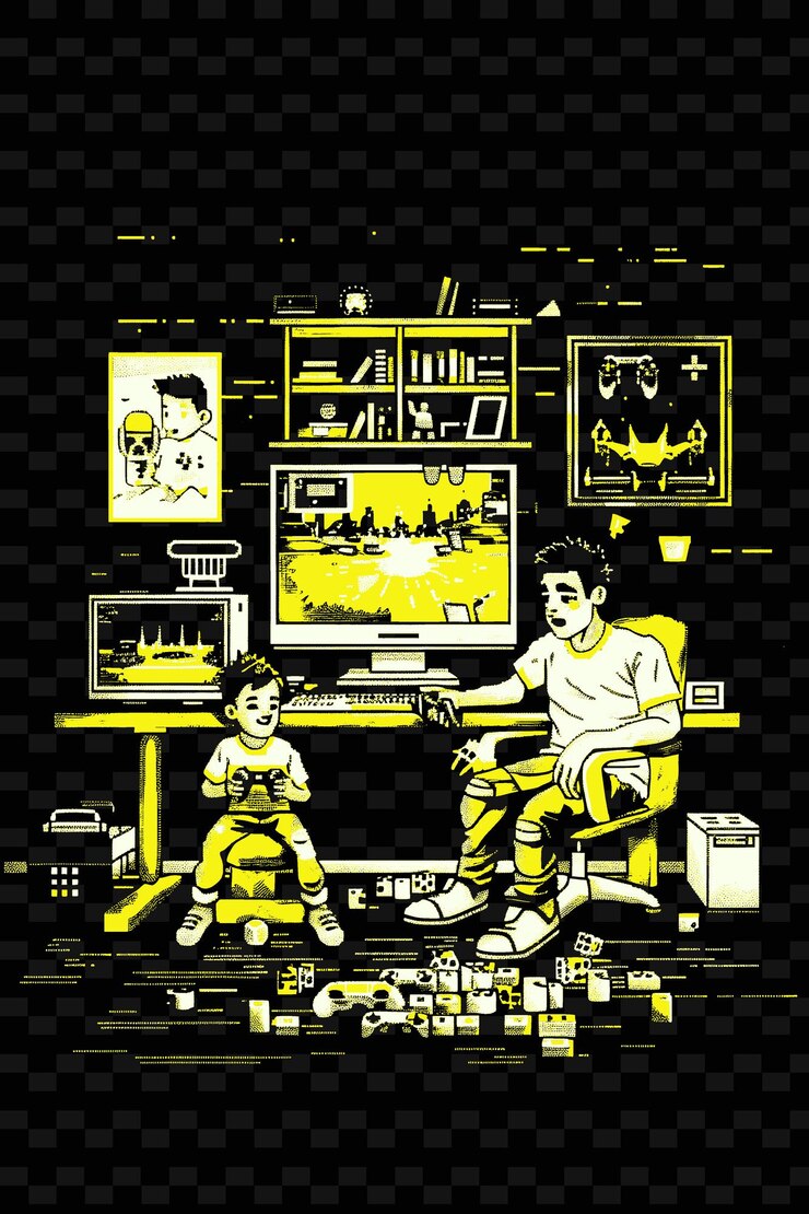PSD father and son playing video games together in a gaming room png illustration art work designs