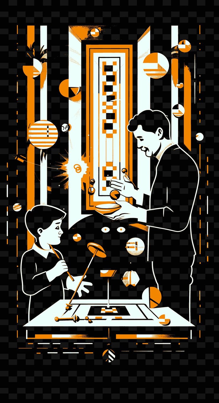PSD father and son playing with magic tricks in a magic room wit png illustration art work designs