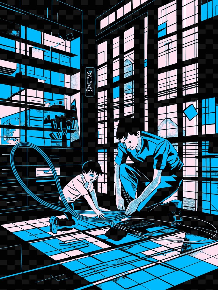 PSD father and son playing with a slinky in a room with a physic png illustration art work designs