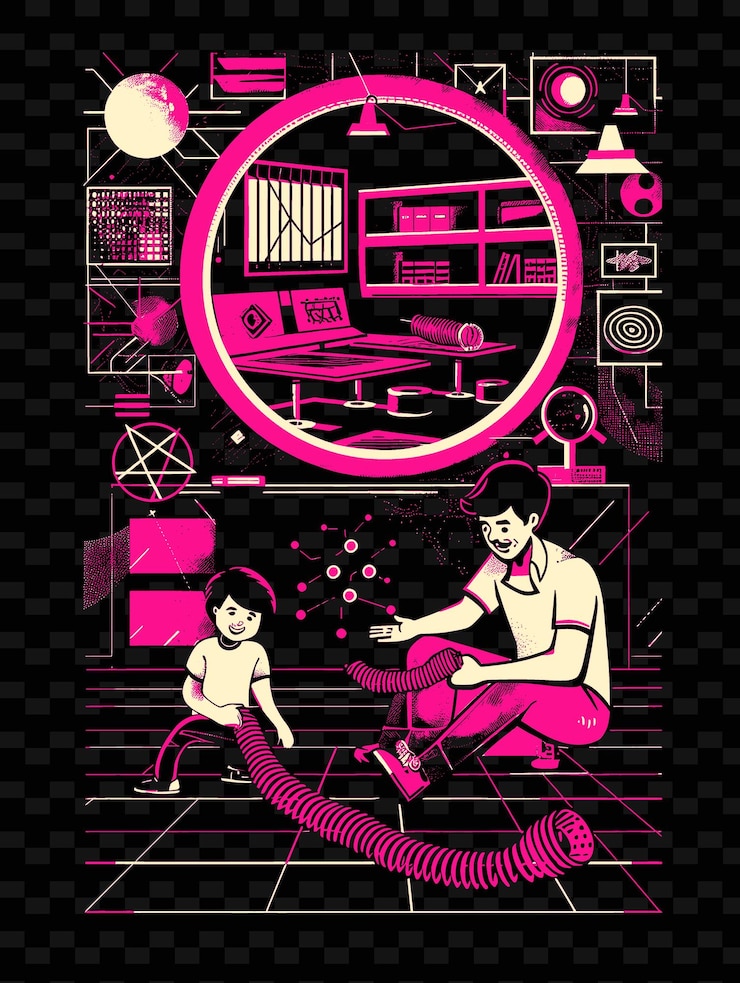 PSD father and son playing with a slinky in a room with a physic png illustration art work designs