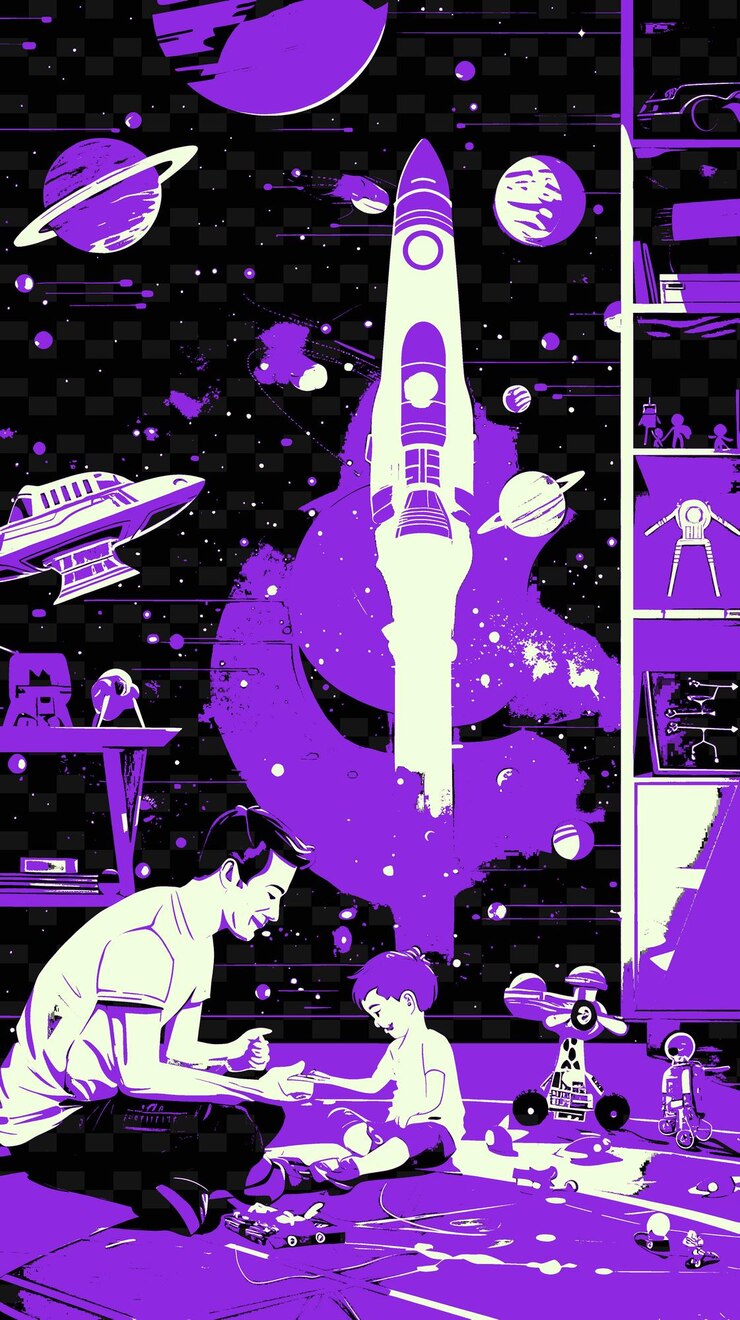 PSD father and son playing with toys in a room with a spaceship png illustration art work designs