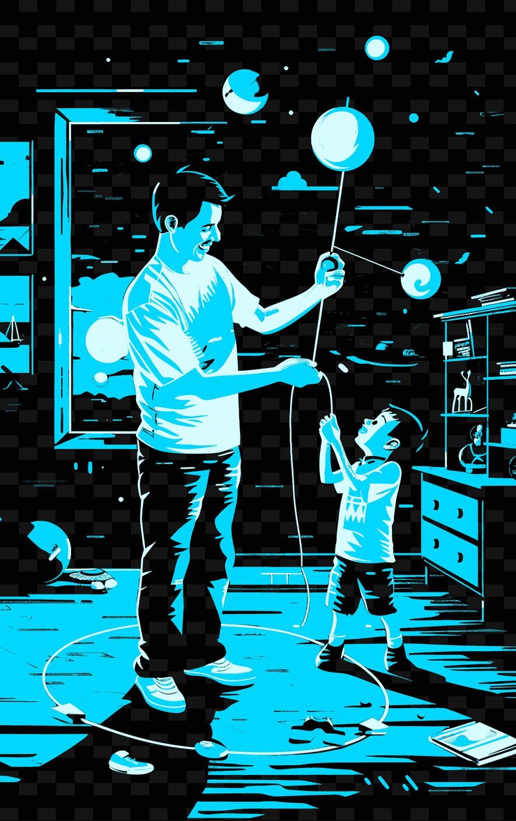 PSD father and son playing with a yo yo in a room with a toy sto png illustration art work designs