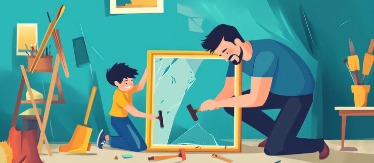 PSD father and son removing broken glass from a picture frame