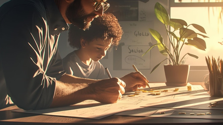 PSD a father and son sit at a table working on a project together they are both focused on their work and the sunlight streaming in from the window illuminates the scene