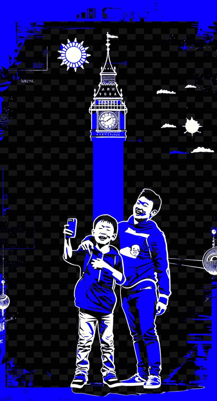 PSD father and son taking a selfie in front of a landmark with a png illustration art work designs