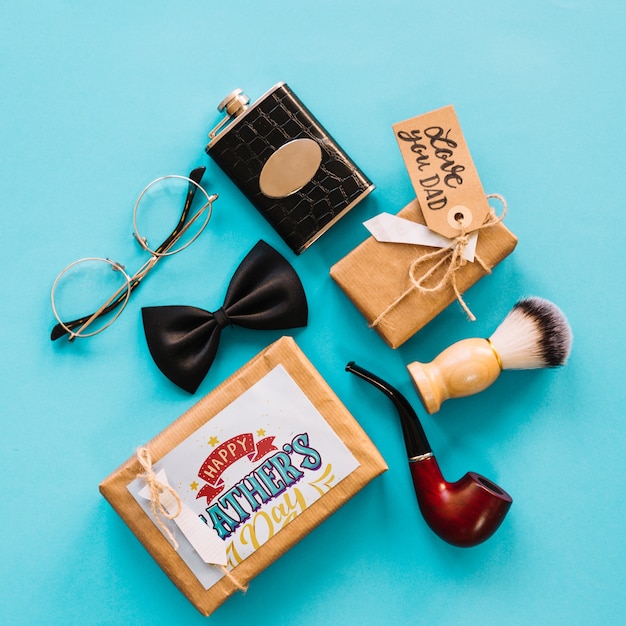 PSD fathers day mockup with present boxes and accessories