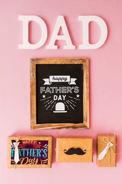 Fathers day mockup with slate above present boxes