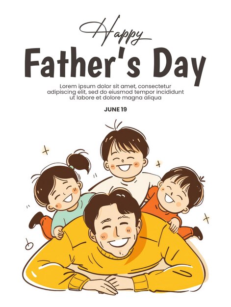 PSD fathers day poster template with a simple line drawing illustration of asian father lying down