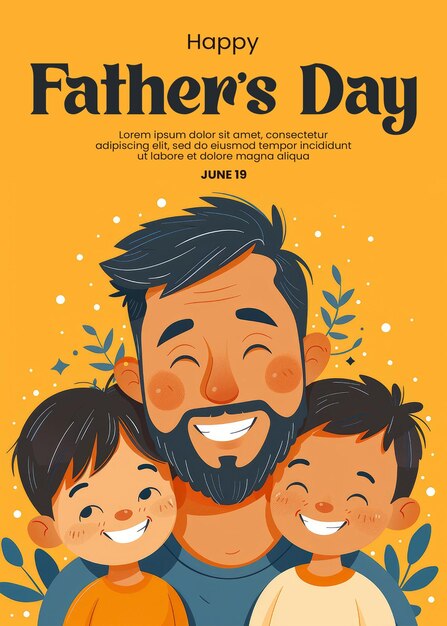 PSD fathers day poster template with a background of a vector illustration of father with his two sons