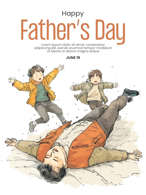 PSD fathers day poster template with a simple line drawing illustration of asian father lying down