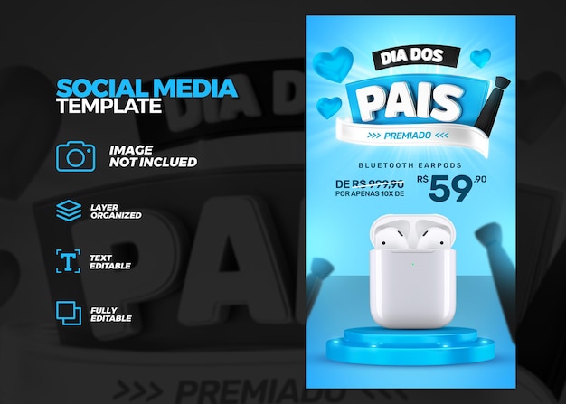 Modello di social media per la festa del papà con rendering di etichette 3d brasile campaing cuori blu