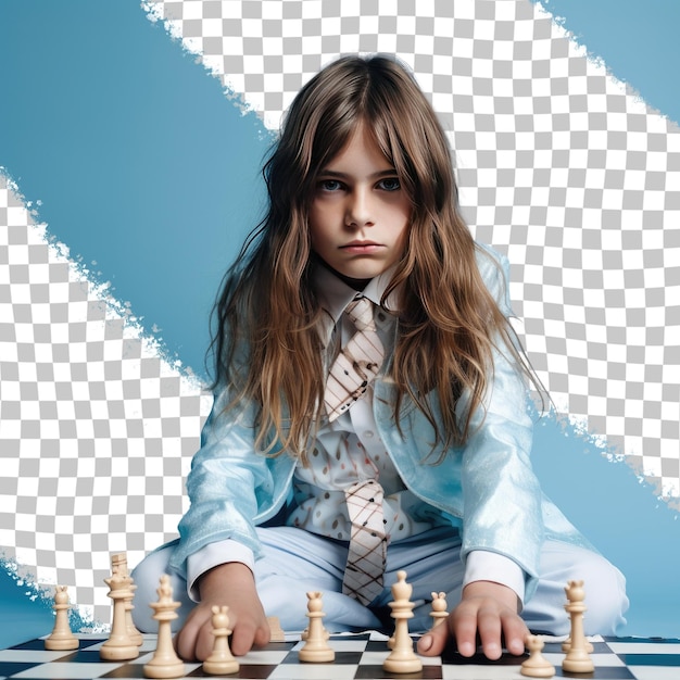 PSD a fearful child boy with long hair from the slavic ethnicity dressed in playing board games attire poses in a intense direct gaze style against a pastel blue background