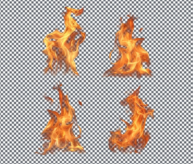 Fearful four fire flames in different shapes isolated on transparent background