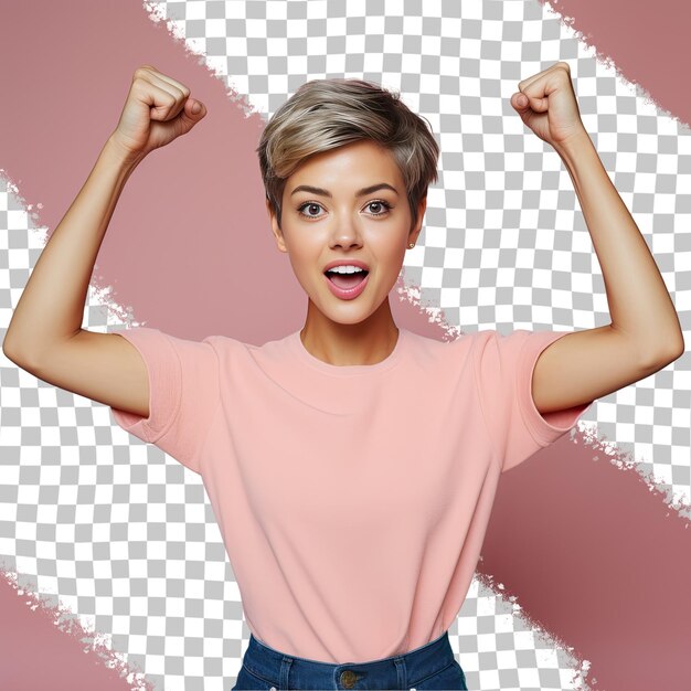 A fearful young adult woman with short hair from the slavic ethnicity dressed in nutritionist attire poses in a standing with arms raised style against a pastel coral background