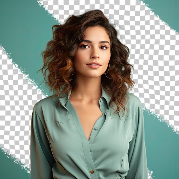 PSD a fearful young adult woman with wavy hair from the hispanic ethnicity dressed in blogger attire poses in a standing with tilted hips style against a pastel teal background