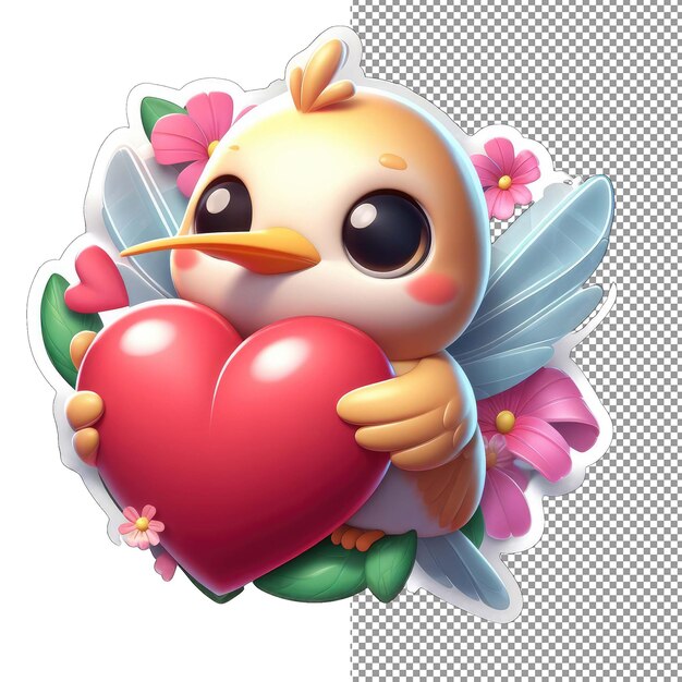 PSD feathered affection bird with heart sticker