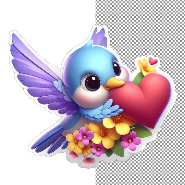 Uccello d'affetto piumato con adesivo al cuore