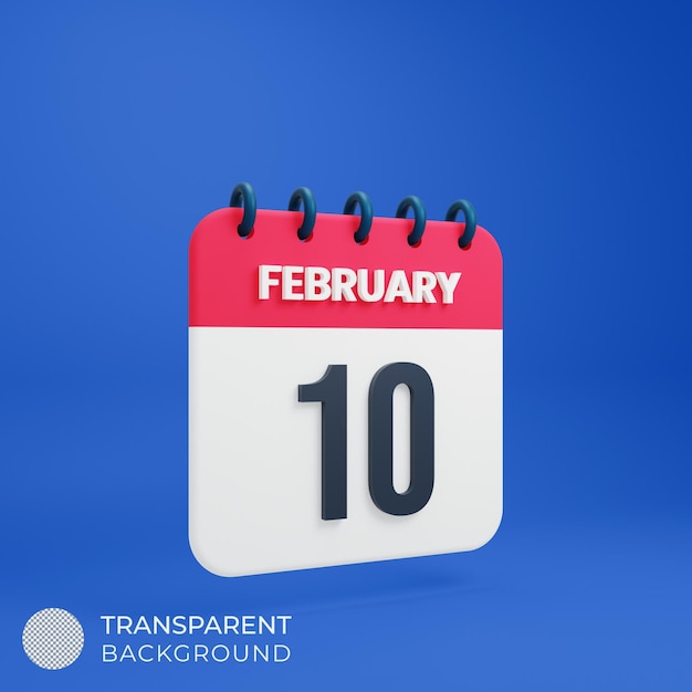 PSD february realistic calendar icon 3d illustration date february 10