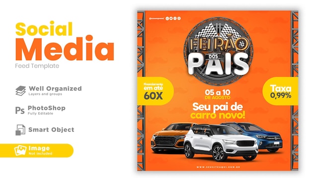 День отца, автомобильная ярмарка, социальные сети, 3D-рендеринг, дизайн шаблона на португальском языке