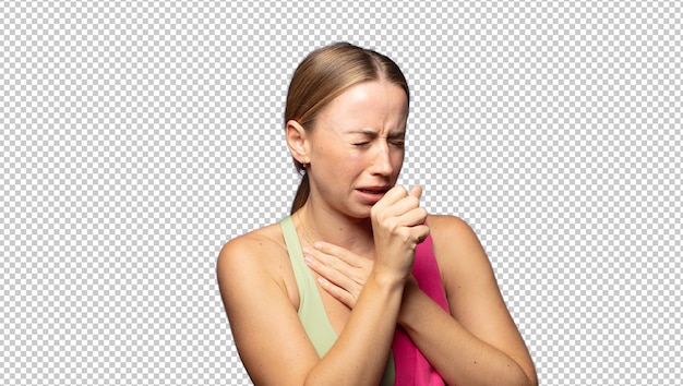 feeling ill with a sore throat and flu symptoms coughing with mouth covered