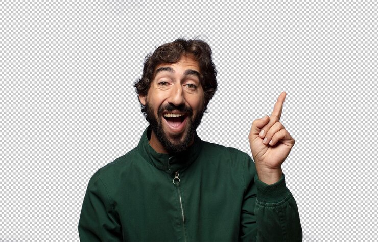 PSD feeling like a happy and excited genius after realizing an idea cheerfully raising finger eureka
