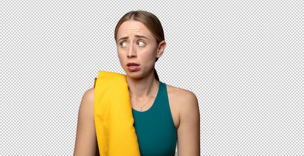 feeling shocked and surprised looking to copy space on the side with amazed openmouthed look fitness concept